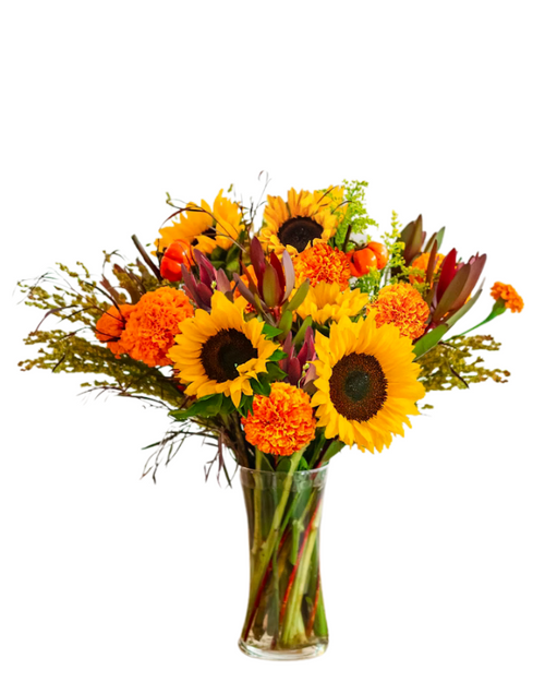 Marigold Harvest bouquet with sunflowers, marigolds, safari sunset, and broom corn in Albuquerque NM.
