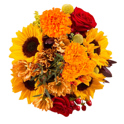 Marigold Blaze bouquet with marigolds, roses, sunflowers, daisies, hypericum, safari sunset, and craspedia in Albuquerque NM.