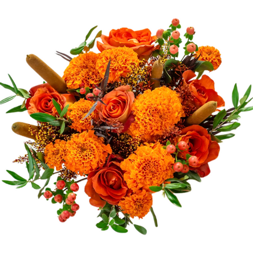 Marigold Rustica bouquet with marigolds, roses, hypericum, and cattails in Albuquerque NM.