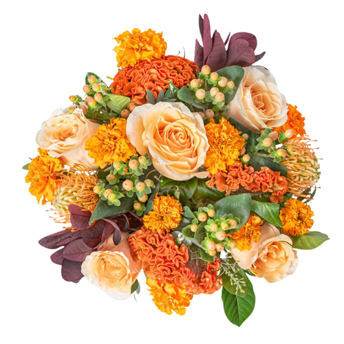 Marigold Opulence bouquet with roses, marigolds, protea, coxcomb, hypericum, smokebush, and eucalyptus in Albuquerque NM.