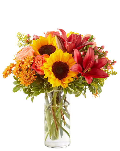 Lily and Sun bouquet featuring burgundy lilies, golden sunflowers, and autumn roses at Albuquerque Florist in Albuquerque NM