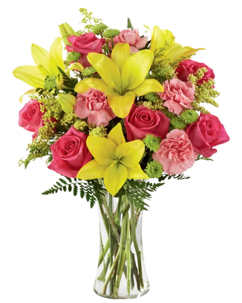 Lily and Sunshine Spark bouquet with yellow lilies and pink roses at Albuquerque Florist in Albuquerque NM