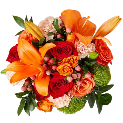 Lily & Rosy Harvest bouquet with lilies, roses, carnations, and green trick at Albuquerque Flower Market in Albuquerque NM