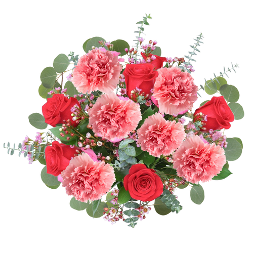 Carnation and Rose Farm Fresh Bouquet with red roses, pink carnations, waxflower, and eucalyptus, Albuquerque