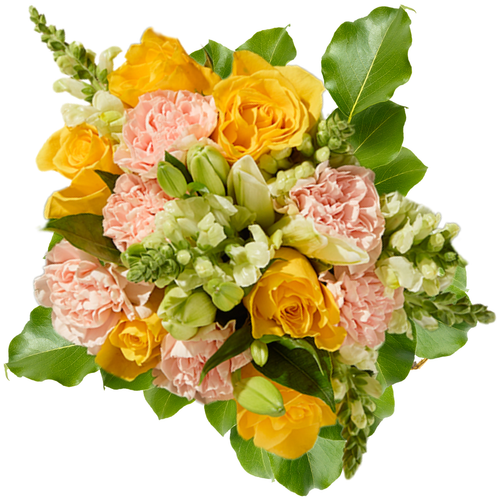 Golden Garden Carnation Farm Fresh Bouquet with yellow roses, white snapdragons, pink carnations, and white lilies, Albuquerque