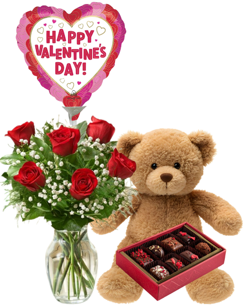 6 rose Valentine’s bundle in Albuquerque with a vase arrangement, Valentine’s balloon, teddy bear, and chocolates from a local florist