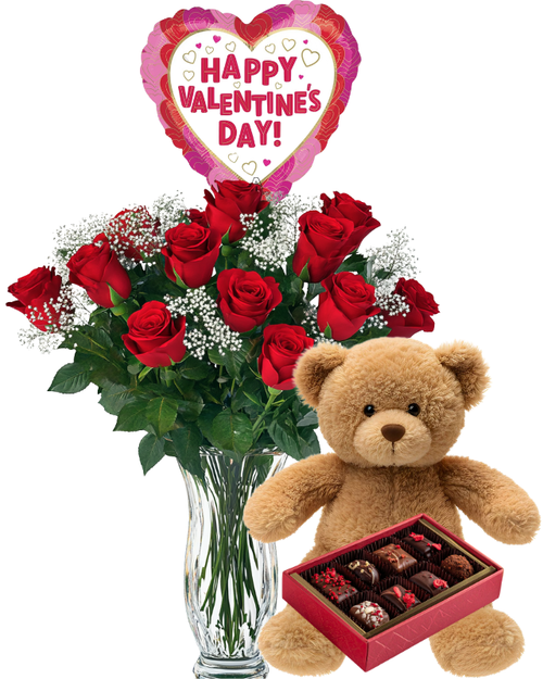 12 rose Valentine’s bundle in Albuquerque with a dozen roses arranged in a vase, Valentine’s balloon, teddy bear, and chocolates from a local florist