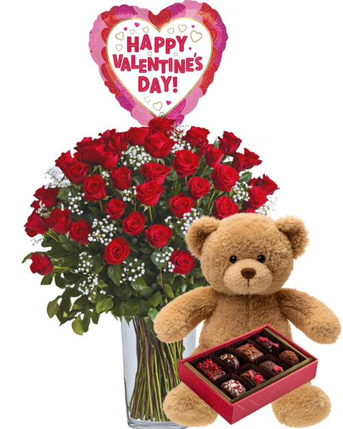50 rose Valentine’s bundle in Albuquerque featuring fifty long stem roses arranged in a large vase with a Valentine’s balloon, teddy bear, and chocolates