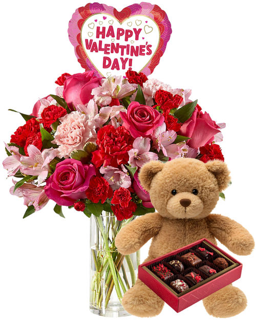 Laney Valentine’s Bundle with hot pink roses, pink and red carnations, Peruvian lilies, plush bear, chocolates, and mylar balloon, Albuquerque florist