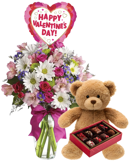 Thoughtful Gesture Valentine’s Bundle with white daisies, pink spray roses, Peruvian lilies, plush bear, chocolates, and mylar balloon, Albuquerque florist