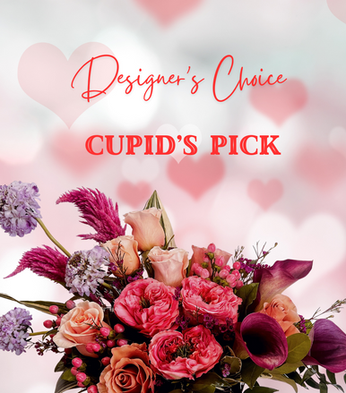 Valentine’s Cupid’s Pick Designer’s Choice floral arrangement with red and pink blooms handcrafted by Albuquerque florist