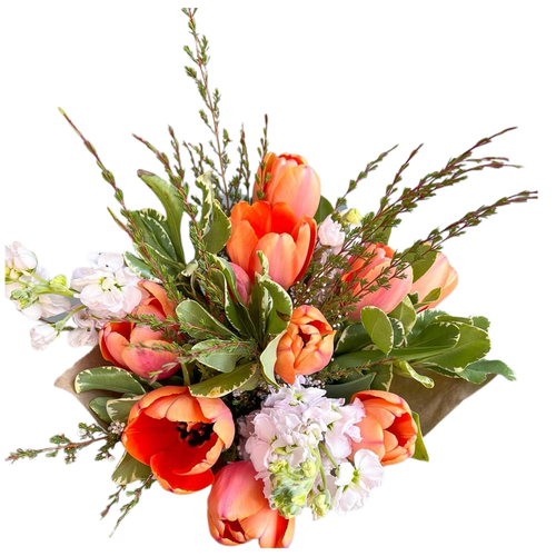 Bright Day Tulips farm fresh bouquet with orange tulips pink stock and greenery – tulip bouquet Albuquerque New Mexico