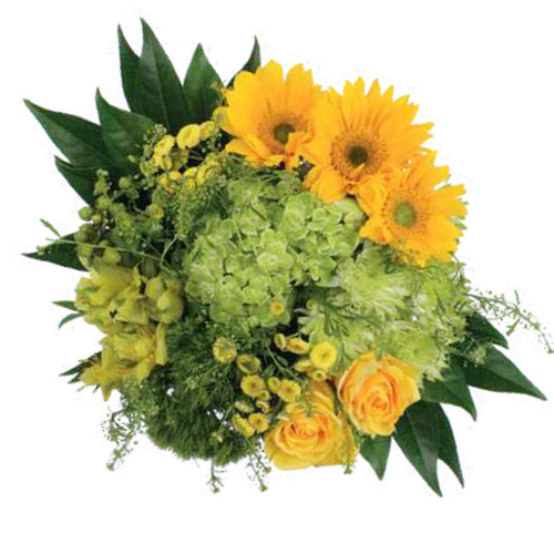 Cliffs of Moher Farm Fresh Bouquet with sunflowers, green hydrangea, yellow roses, and seasonal greenery at Albuquerque Flower Market