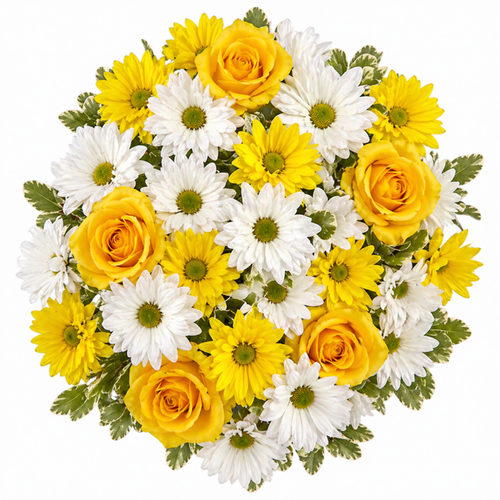Sunny Side Up Farm Fresh Bouquet with yellow roses, white daisies, yellow daisies, and greenery in Albuquerque New Mexico