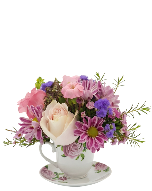 Tea Rose Charm Cup floral arrangement with roses and pink lavender flowers in teacup in Albuquerque New Mexico