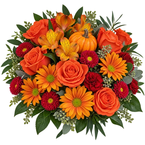 Crisp Fall Days bouquet with orange roses, orange daisies, red blooms, and a pumpkin pick at ABQ Flower Market in Albuquerque.