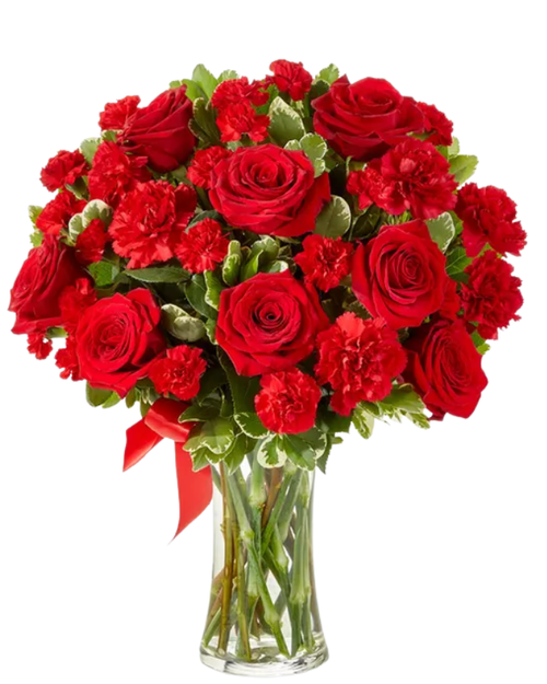 You’re In My Heart red rose and red carnation arrangement in a clear glass vase, Albuquerque florist
