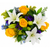 Bluebird Morning farm fresh bouquet with yellow roses, white Asiatic lilies, and blue delphinium in a vase, Albuquerque Flower Market