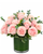Rose Poésie blush rose arrangement with eucalyptus in a leaf-lined glass cylinder vase for flower delivery in Albuquerque, New Mexico.