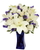 Beyond Blue floral arrangement with white lilies, white roses, purple statice, and white blooms in a blue cobalt vase, Albuquerque florist
