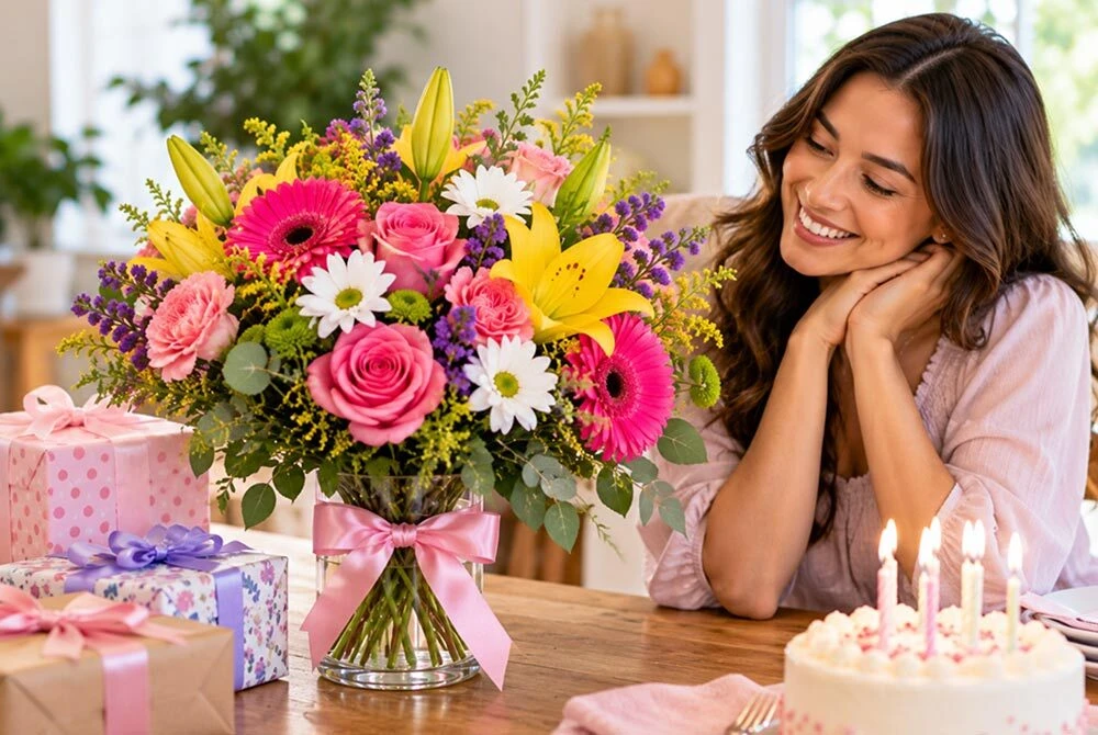 Smiling woman admiring a colorful birthday bouquet of pink roses, yellow lilies, gerbera daisies, white daisies, and purple flowers in a glass vase with a pink ribbon, surrounded by wrapped gifts and a birthday cake with lit candles.