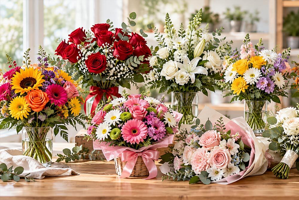 Colorful fresh flower bouquets for birthdays, anniversaries, weddings, sympathy, and other occasions.