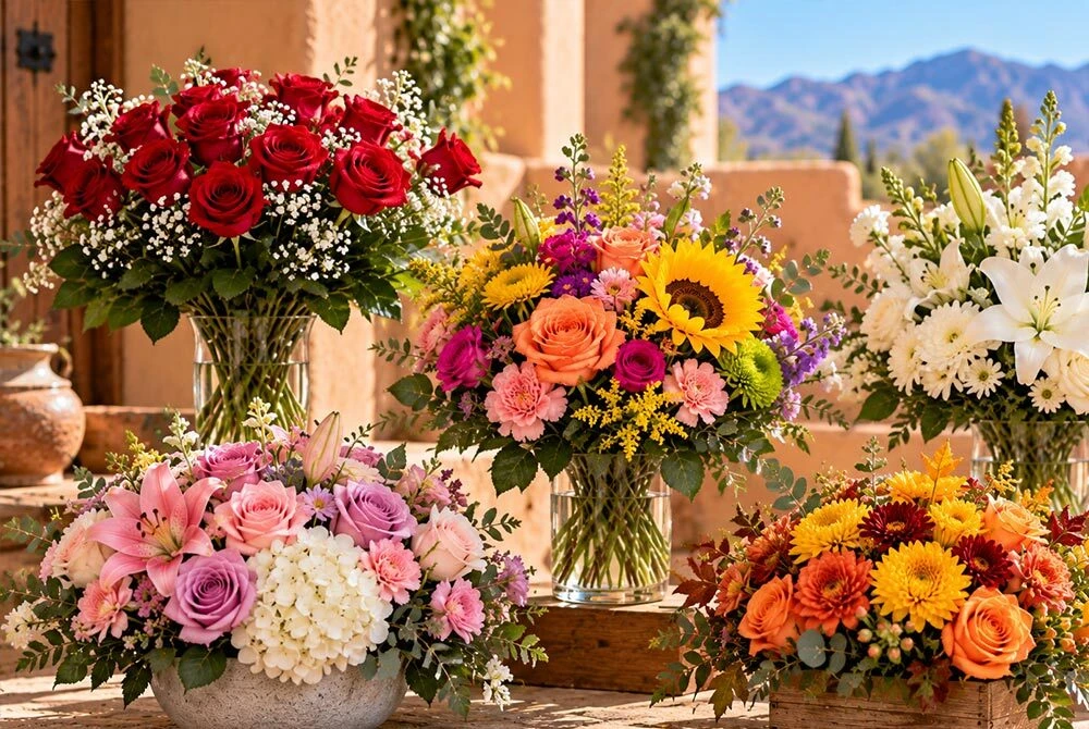 Collection of fresh flower arrangements for delivery in Santa Fe, New Mexico, featuring red roses, pink roses, white lilies, sunflowers, and colorful seasonal blooms with greenery in glass vases and rustic containers against a Southwestern adobe backdrop.