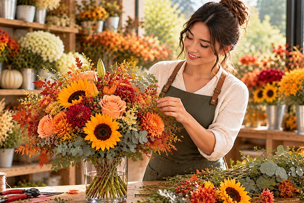 Asian florist arranging a seasonal autumn bouquet of sunflowers, roses, dahlias, and warm-toned foliage.