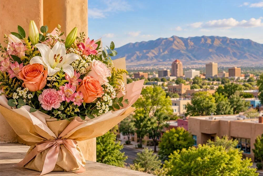 Colorful bouquet of peach roses, pink flowers, and white lilies wrapped in kraft paper overlooking Albuquerque, New Mexico, with the Sandia Mountains in the background.