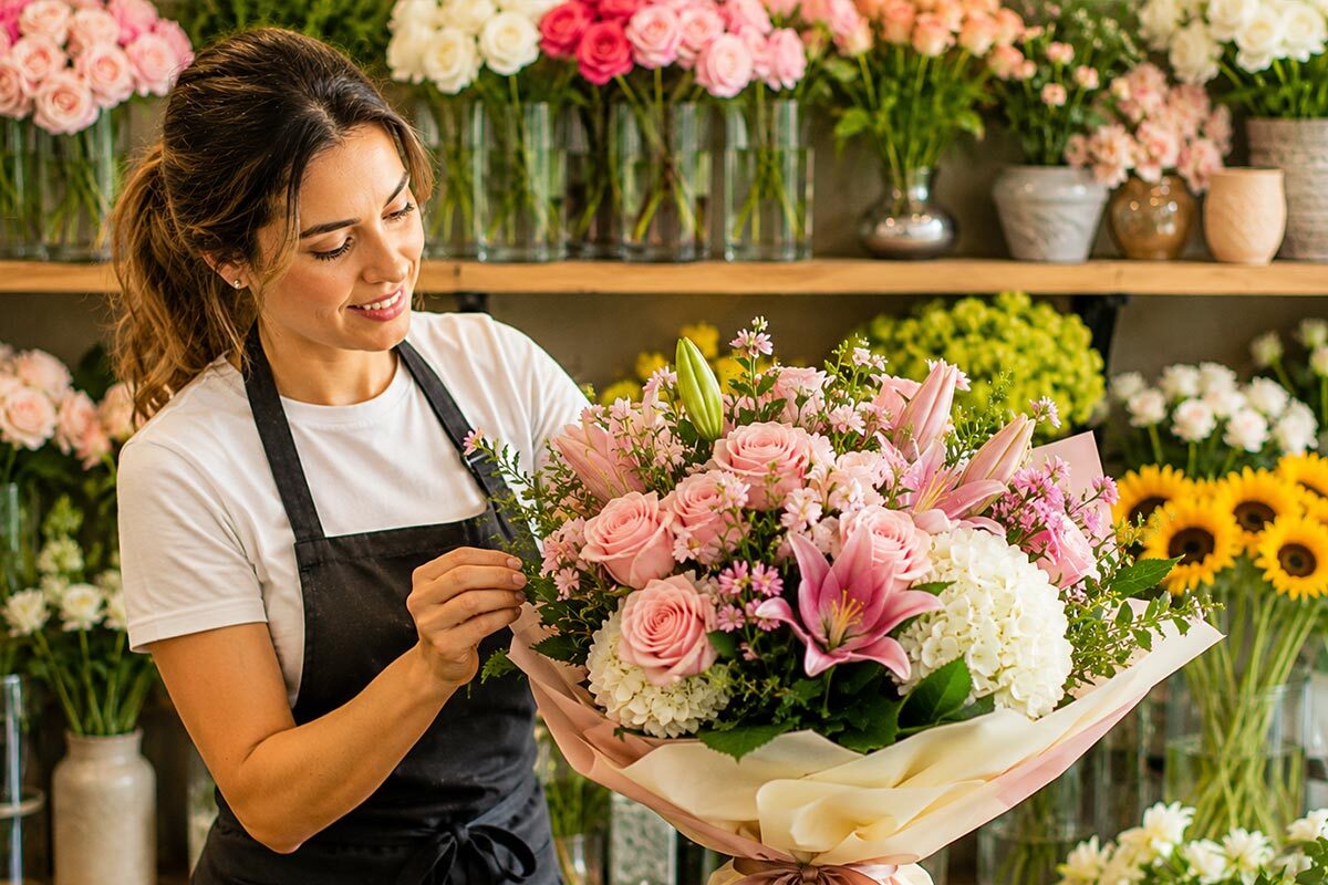 A florist carefully arranges a handcrafted bouquet wrapped in soft pink and cream paper with a ribbon inside a bright flower shop filled with fresh blooms.