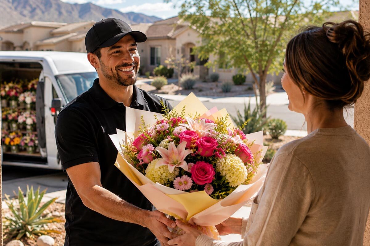 A smiling flower delivery driver hands a beautifully wrapped bouquet to a woman at her front door in a sunny Rio Rancho neighborhood. The bouquet features pink roses, lilies, hydrangeas, and fresh greenery wrapped in elegant yellow, soft pink, and white paper. In the background, a flower delivery van stocked with arrangements is parked along a residential street with desert landscaping, trees, and mountain views, highlighting a fresh local flower delivery service.