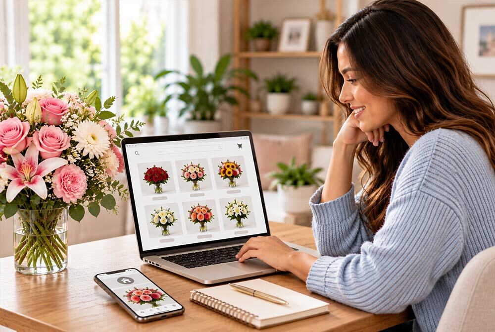 Generated a realistic image illustrating ordering flowers online for delivery in Nob Hill, featuring a customer browsing floral arrangements on a laptop beside a fresh bouquet.