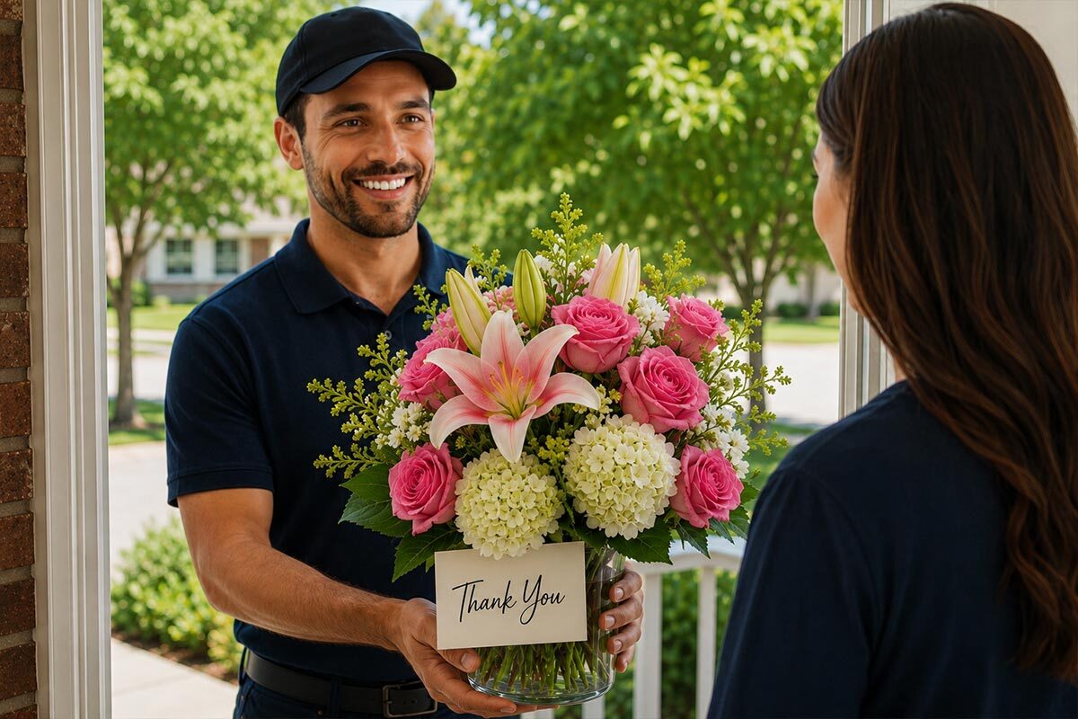 A smiling flower delivery man in a navy polo shirt presents a large bouquet of pink roses, lilies, and white hydrangeas to a woman at her front door. The floral arrangement features a prominent "Thank You" card attached to the vase. The scene is set outdoors on a bright, sunny day with lush green trees and a welcoming residential background, creating a warm and thoughtful gift-giving moment.