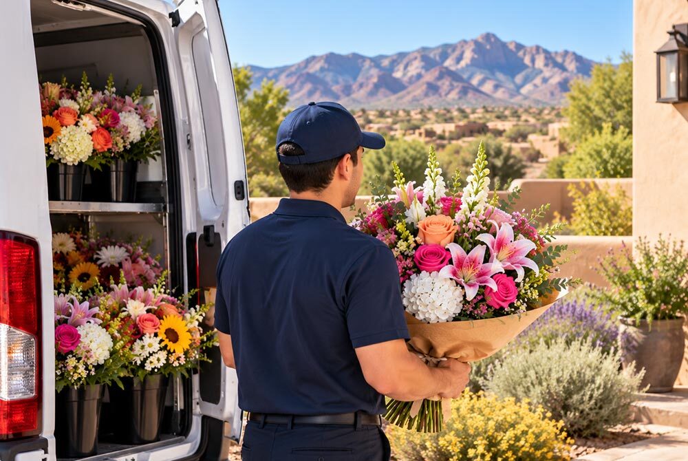 Same-Day Flower Delivery in Placitas, NM, featuring a customer receiving a fresh, colorful bouquet at her doorstep with the New Mexico landscape in the background.