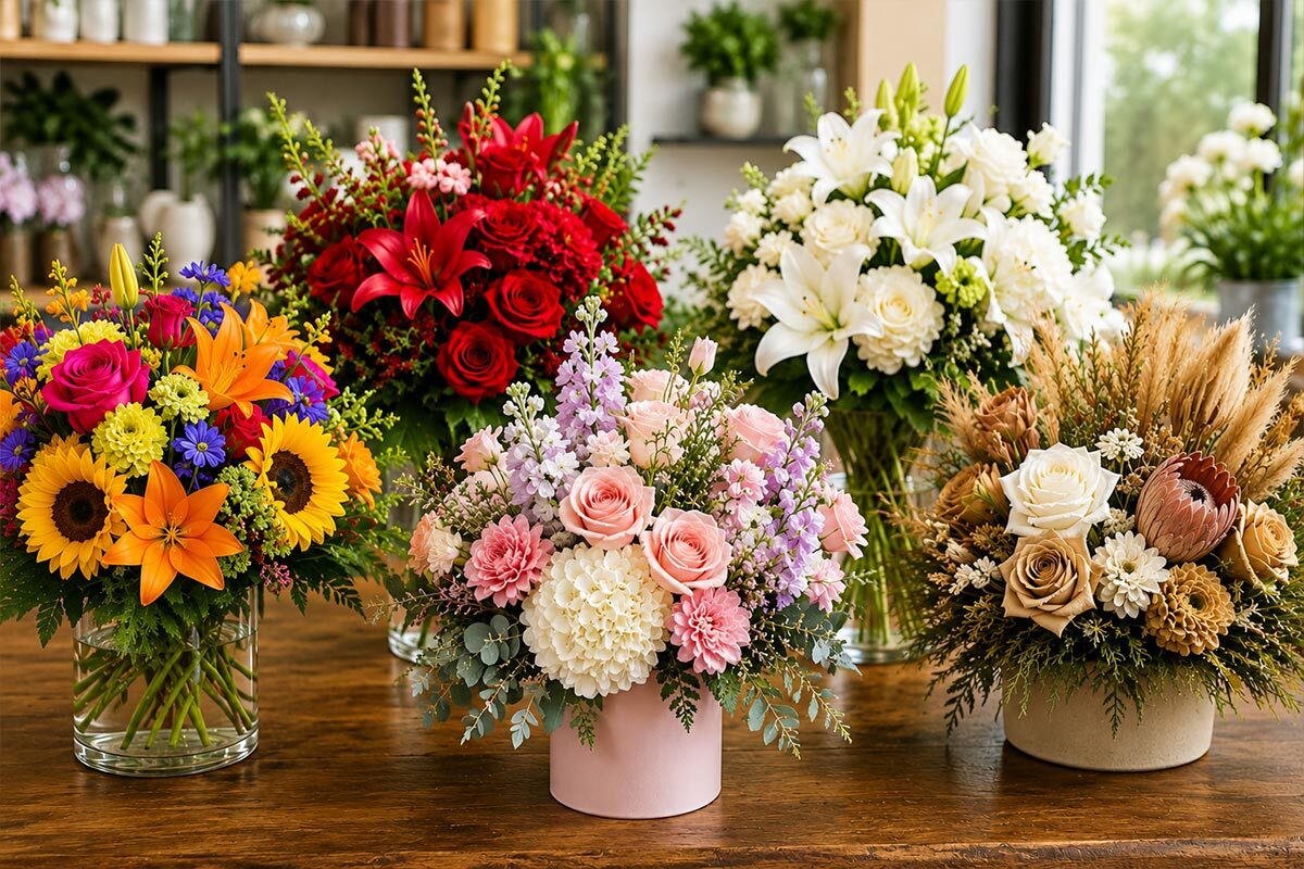 Four distinct floral arrangements showcasing bright, romantic, elegant, and natural styles displayed on a wooden table in a flower shop.