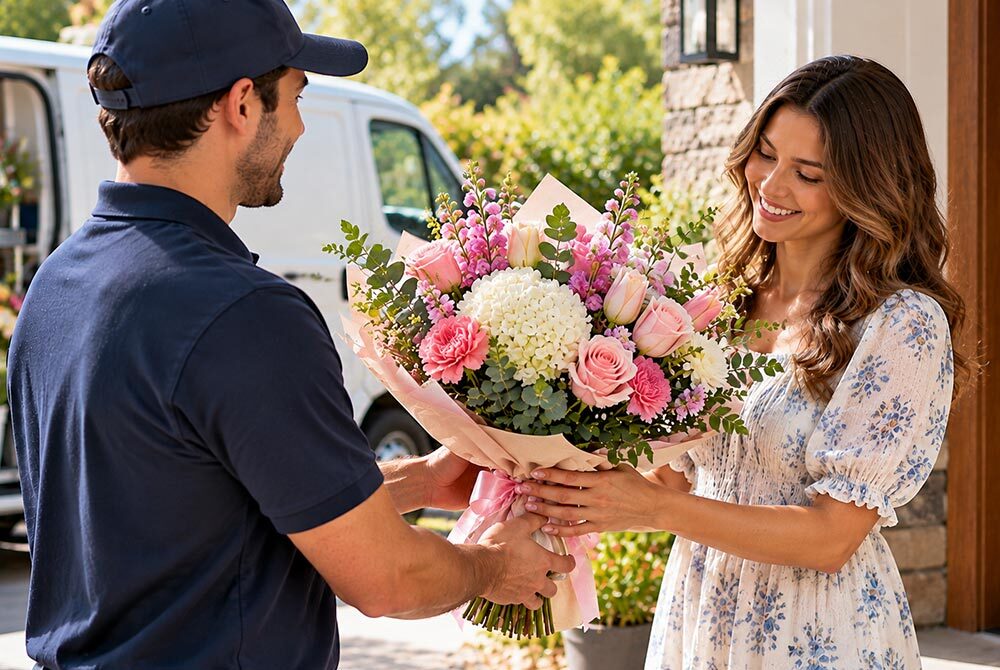 Flower delivery driver handing a fresh pink bouquet to a customer beside a flower delivery van.