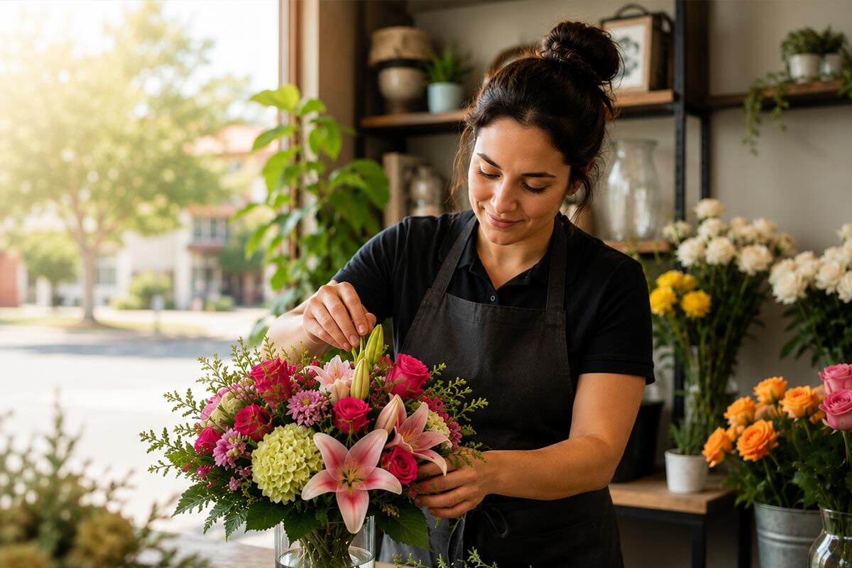 A professional florist carefully arranges a vibrant bouquet of pink roses, lilies, hydrangeas, and greenery in a glass vase inside a bright flower shop. Surrounded by fresh flowers, floral tools, and natural light streaming through a large window, she creates a handcrafted arrangement with attention to detail, highlighting the personalized care and craftsmanship of a local florist.