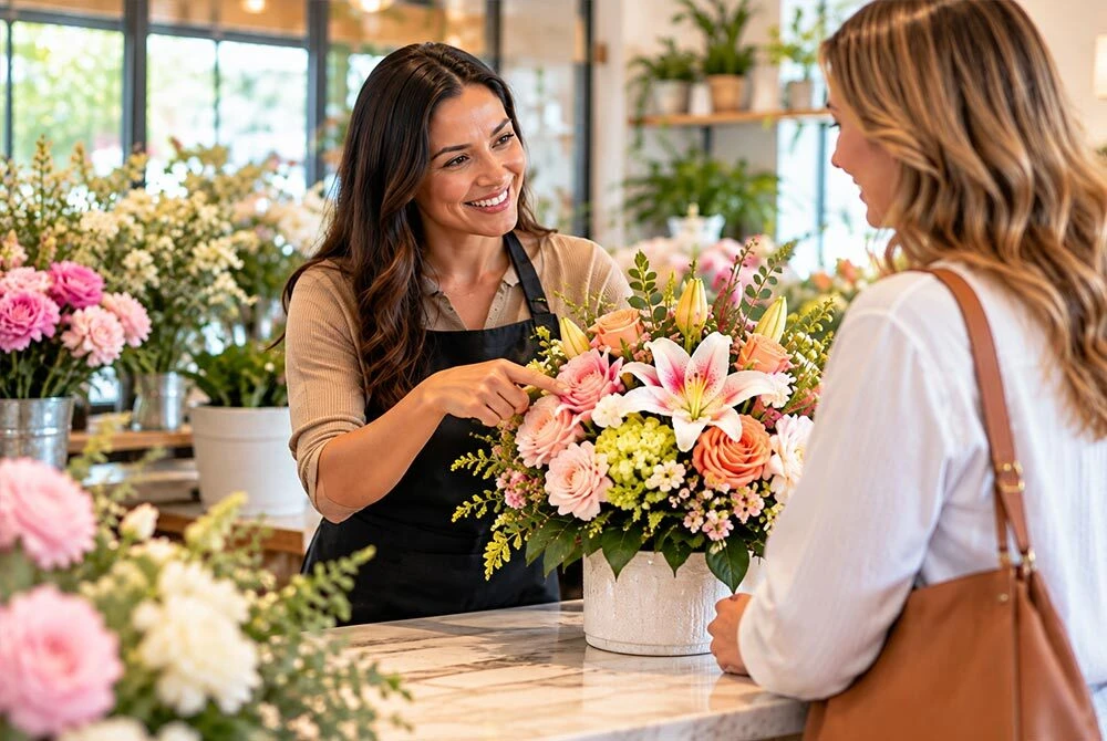 Florist discussing a pink and white lily and rose arrangement with a customer in a flower shop.