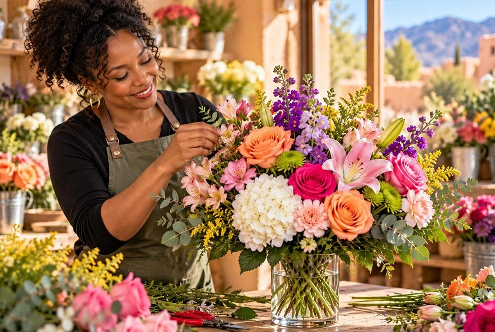 Florist handcrafting a colorful floral arrangement featuring pink and orange roses, pink lilies, white hydrangeas, purple flowers, and fresh greenery in a glass vase at a flower shop with Southwestern architecture and mountains in the background.