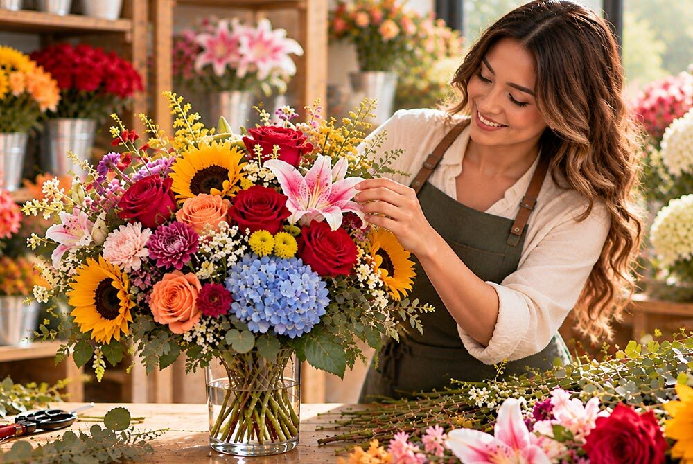 Local florist carefully arranging a colorful bouquet of roses, lilies, sunflowers, hydrangeas, and seasonal flowers in a flower shop.