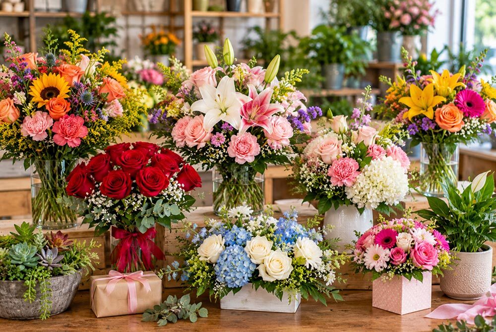 Colorful floral arrangements featuring red and peach roses, pink carnations, white lilies, sunflowers, hydrangeas, and mixed seasonal flowers displayed alongside potted succulents and blooming plants in a florist shop.
