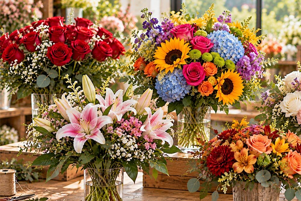 Fresh flower arrangements featuring red roses, pink lilies, sunflowers, blue hydrangeas, and seasonal mixed blooms.
