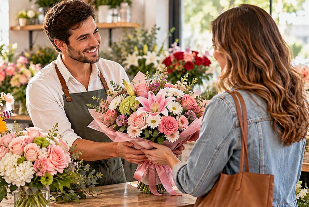 Male florist presenting a fresh pink flower bouquet to a customer in a flower shop.