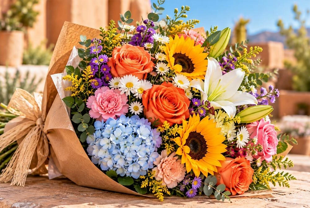 Close-up of a vibrant floral bouquet featuring orange and pink roses, yellow sunflowers, white lilies, blue hydrangeas, pink carnations, purple flowers, white daisies, and fresh eucalyptus greenery, wrapped in kraft paper with a natural raffia bow against a softly blurred Southwestern backdrop.