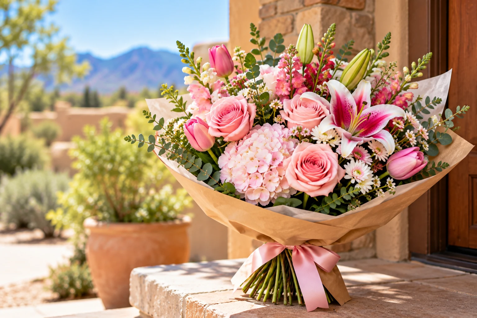 Fresh bouquet of pink roses, pink lilies, tulips, and pale hydrangeas with greenery, wrapped in kraft paper and tied with a pink ribbon.