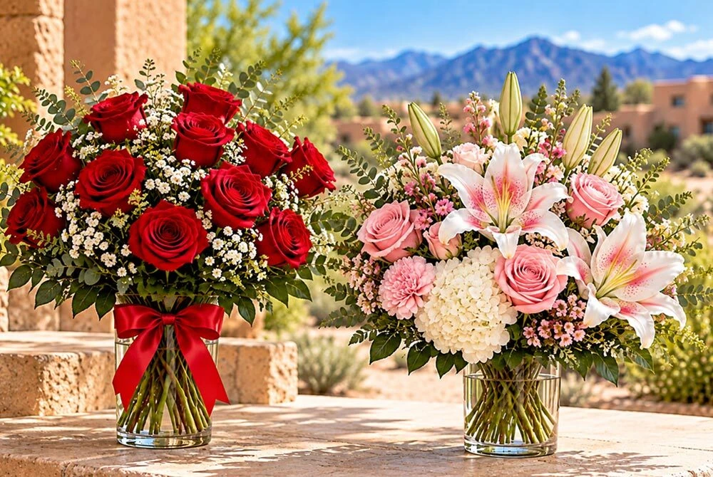 Two floral arrangements featuring red roses with baby’s breath and pink roses with white lilies, accented by fresh greenery in glass vases.