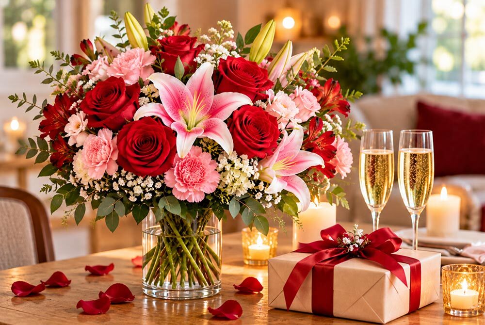 Romantic anniversary bouquet featuring red roses, pink and white lilies, pink carnations, and greenery in a glass vase, displayed beside a gift box with a red ribbon, glowing candles, champagne flutes, and scattered rose petals.