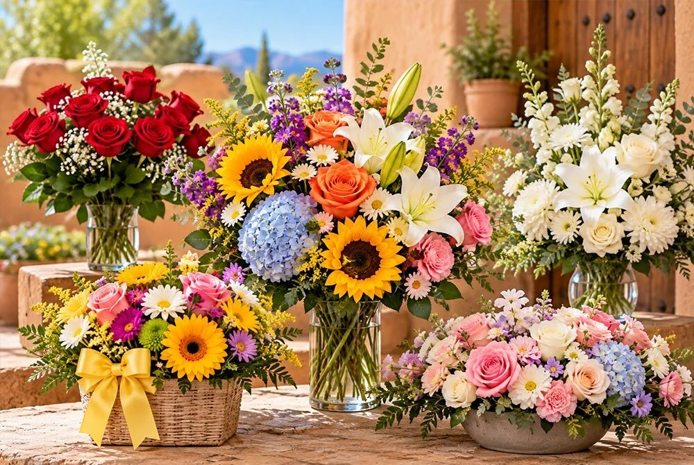 Santa Fe Flower Delivery for Every Occasion, featuring a variety of fresh arrangements, including red roses, sunflowers, white lilies, pastel roses, hydrangeas, and mixed seasonal flowers. The Southwestern adobe setting complements the bouquets.