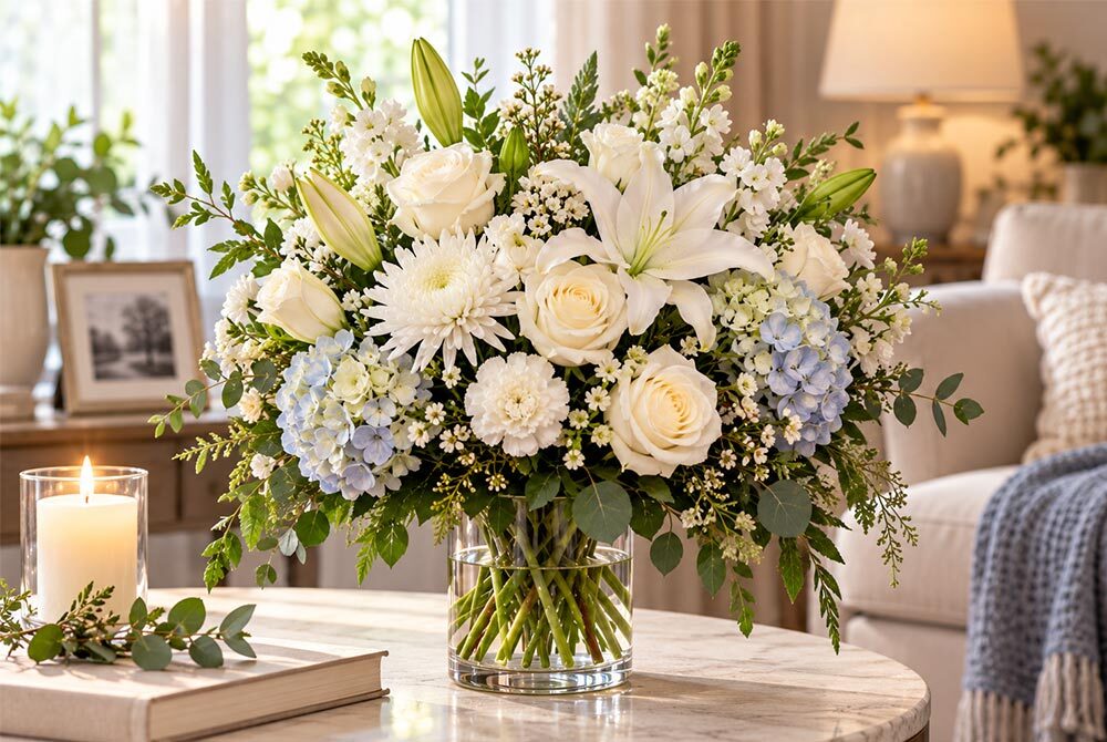 Elegant sympathy flower arrangement featuring white roses, white lilies, chrysanthemums, and pale blue hydrangeas with lush greenery in a glass vase on a marble table beside a lit candle in a peaceful living room.