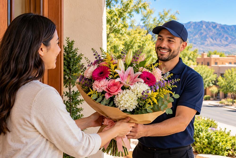 Flower delivery driver handing a colorful bouquet of pink roses, lilies, gerbera daisies, and white hydrangeas to a smiling customer at her doorstep in Albuquerque, New Mexico, with the Sandia Mountains in the background.